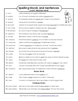 Spelling Test Sentences (D-Halloween)  Spelling D Worksheet