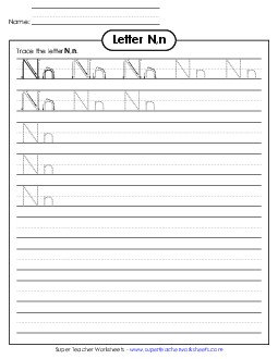 Letter N, n - Tracing (Smaller Font Size) Alphabet Worksheet