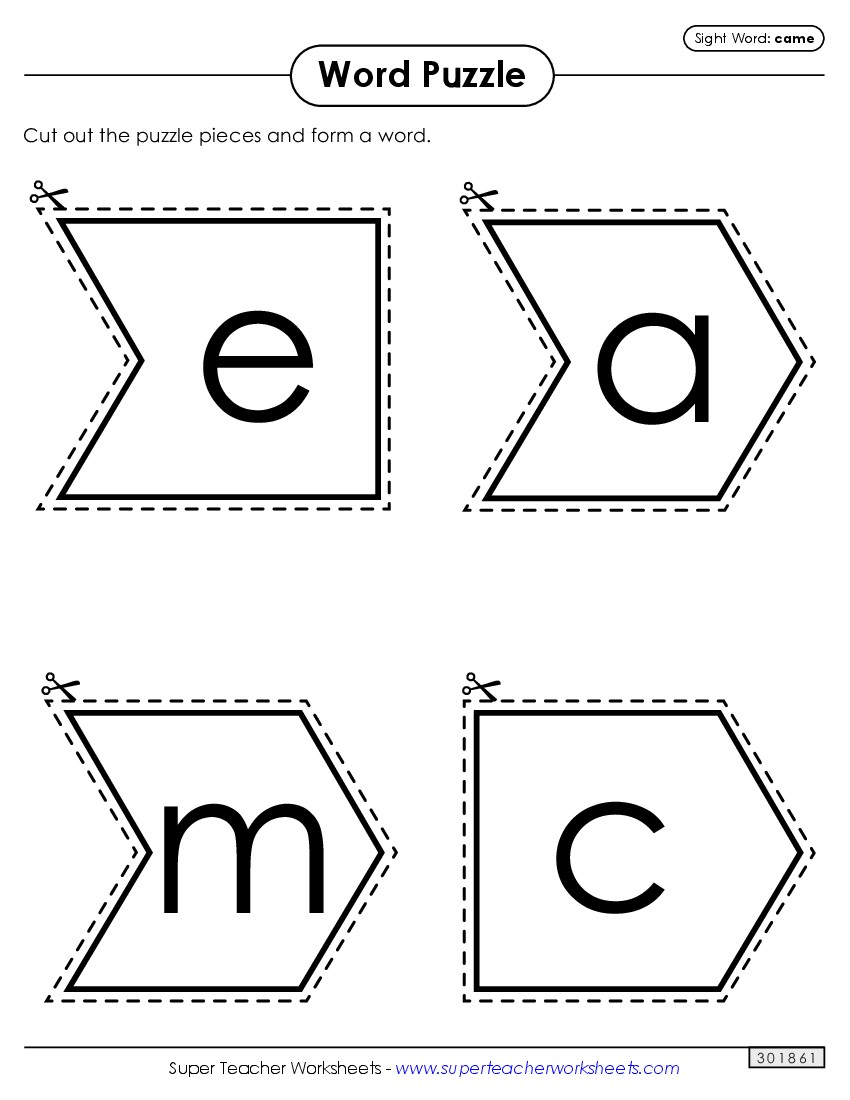 Word Puzzle: Came Sight Words Individual Worksheet