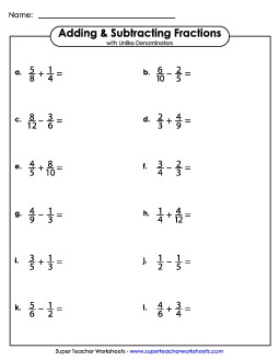 Adding and Subtracting Fractions w/ Unlike Denominators (Horizontal) Worksheet