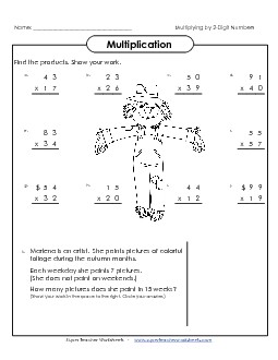 Multiplying by 2-Digit Numbers Fall Worksheet