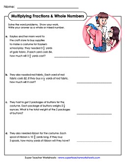 Multiplying Fractions & Whole Numbers: Word Problems Worksheet