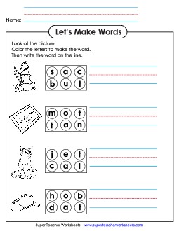 Color the Letters & Write (-at) Word Families Worksheet