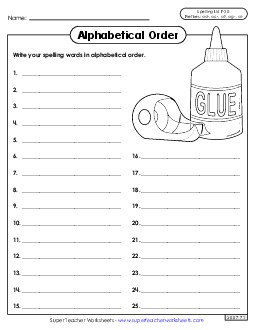 Alphabetical Order: Cut-Glue (F-20) Free Spelling F Worksheet