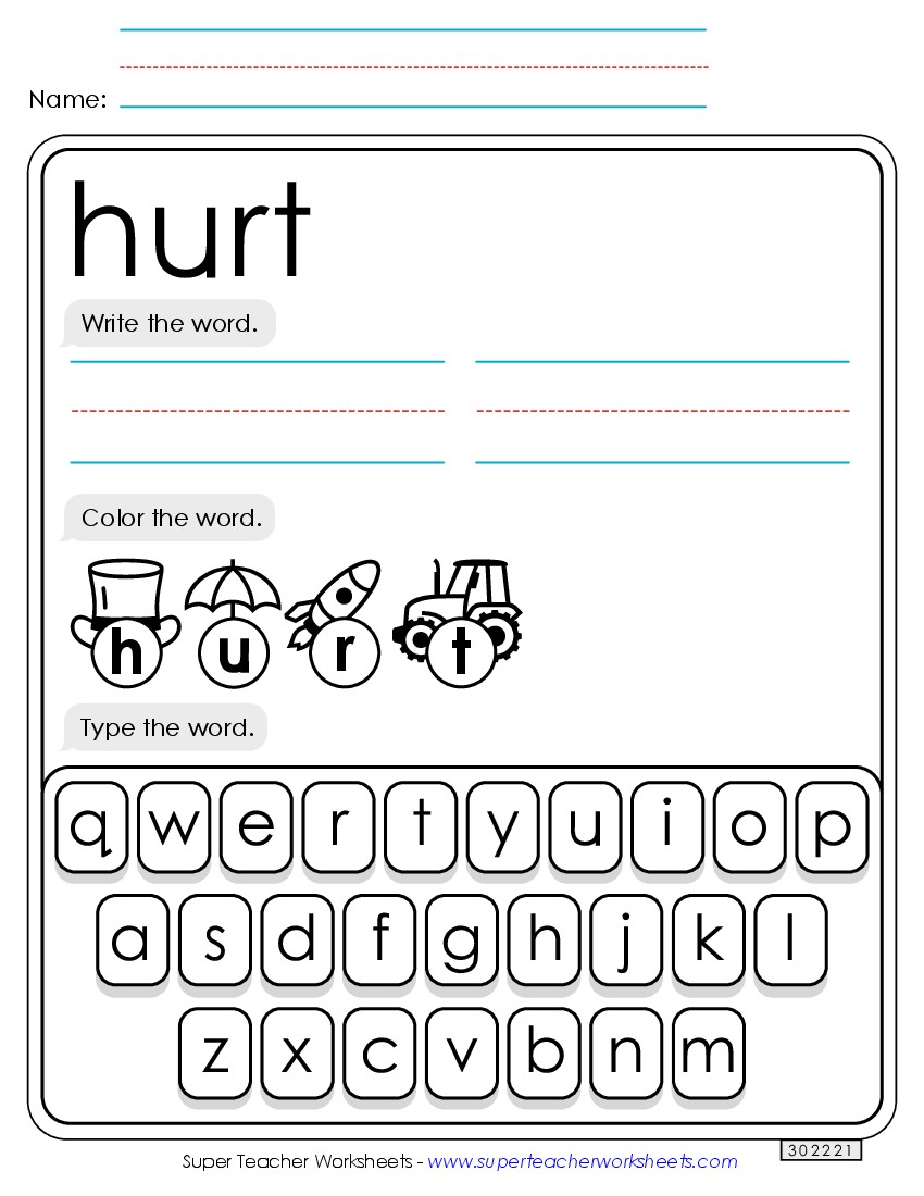 Write, Color, Type: Hurt Sight Words Individual Worksheet