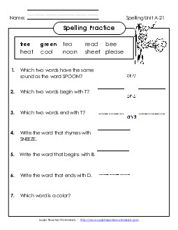 Spelling Practice (A-21) Spelling A Worksheet