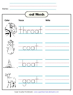 Trace and Write (-oat) Word Families Worksheet