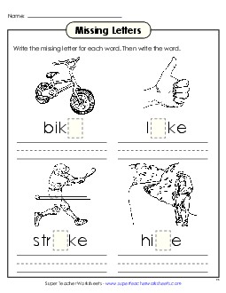 Missing Letters (-ike) Word Families Worksheet