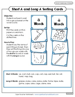 Picture Card Sort: Long A, Short A Phonics Vowels Worksheet