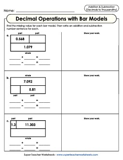 Addition and Subtraction Bar Models to Thousandths Mixed Addition Subtraction Worksheet