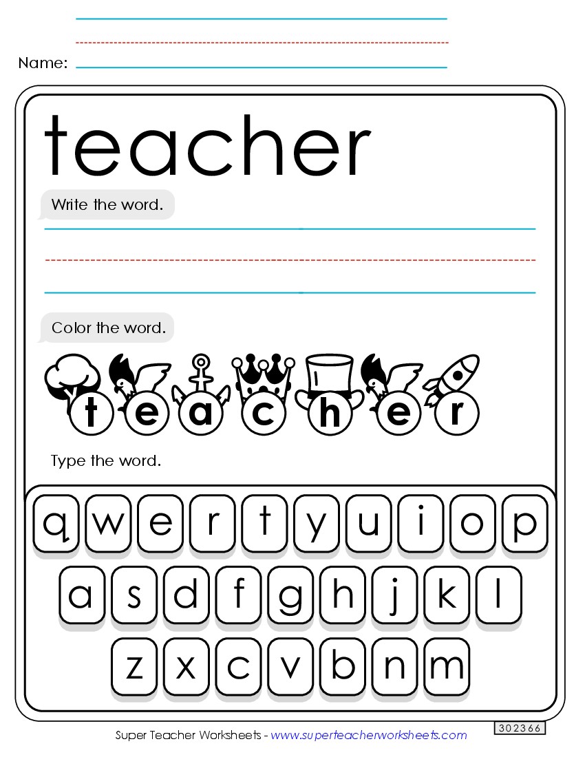 Write, Color, Type: Teacher Sight Words Individual Worksheet