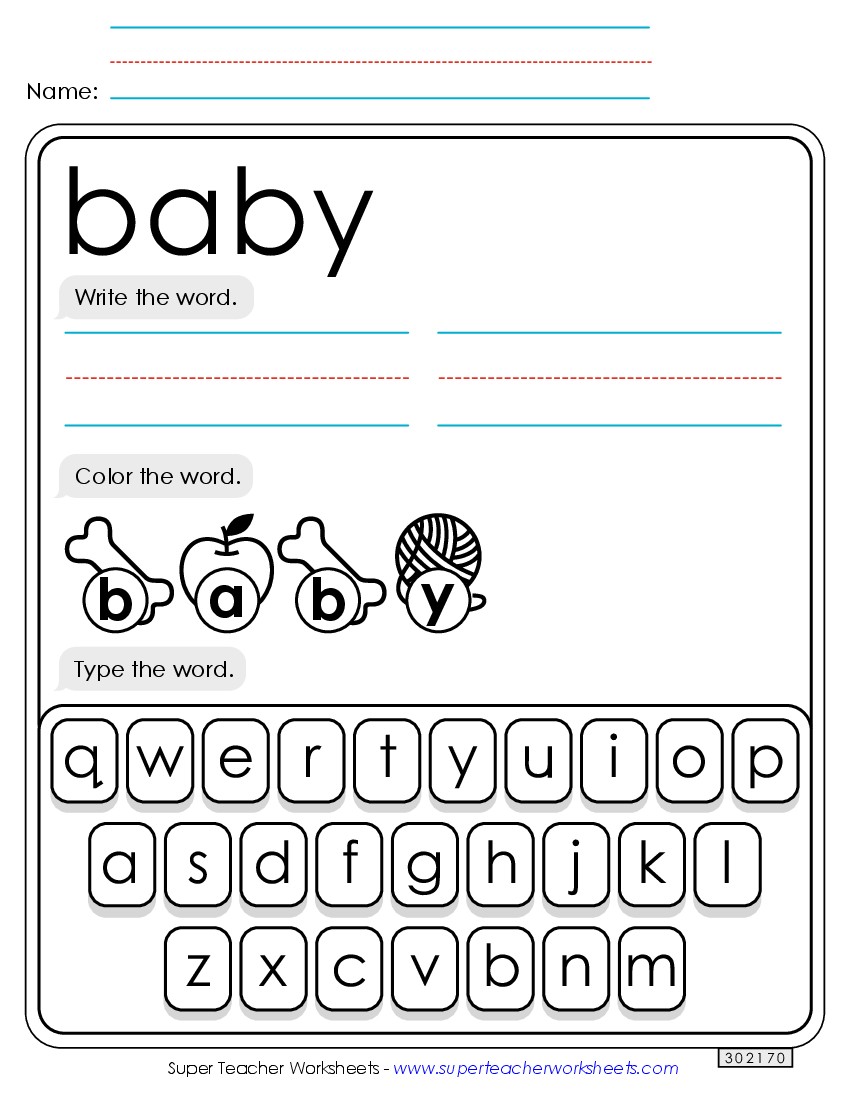 Write, Color, Type: Baby Sight Words Individual Worksheet