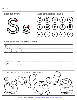 Tracing, Writing, and Recognizing Letter S Alphabet Worksheet