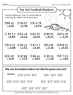 Subtracting Money (Math Riddle) Hot Football Stadium Subtraction Worksheet