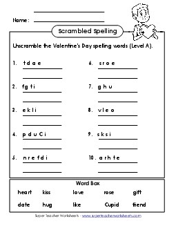 Unscramble (A-Valentine\'s Day)  Spelling A Worksheet