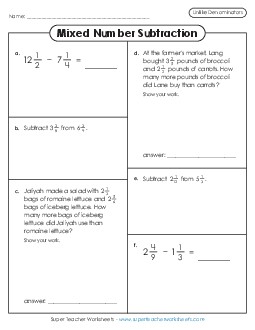 Variety Worksheet: Mixed Number Subtraction (Unlike Denominators) Fractions Worksheet