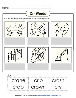 Cut and Glue (Cr- Words)  Free Phonics Blends Worksheet