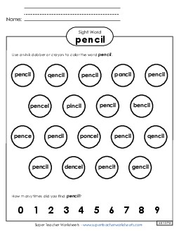 Dab or Color: Pencil Sight Words Individual Worksheet