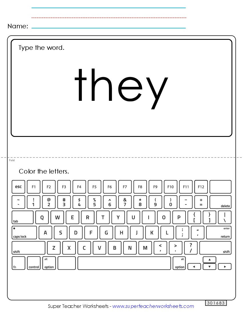 Type the Word: They Sight Words Individual Worksheet