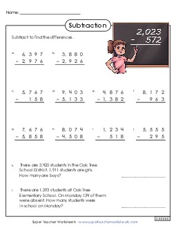 4-Digit Vertical Subtraction 3rd Grade 3rd Grade Math Worksheet