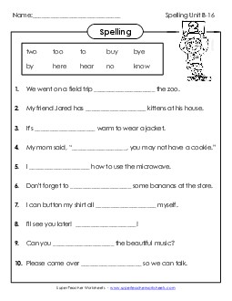 Complete the Sentences (B-16) Free Spelling B Worksheet