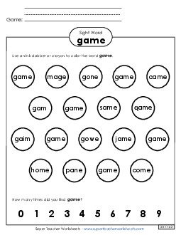 Dab or Color: Game Sight Words Individual Worksheet