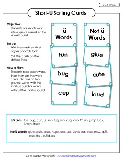 Word Sorting Cards (Short U) Phonics Long Short U Worksheet