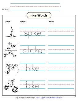 Trace and Write (-ike) Word Families Worksheet