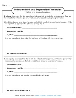 Dependent & Independent Variables: Write & Solve Equations Independent Dependent Variables Worksheet