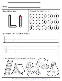 Tracing, Writing, and Recognizing Letter L Alphabet Worksheet