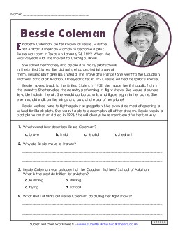 Short Biographical Passage: Bessie Coleman 4th Grade Reading Comprehension 4th Grade ELA Worksheet