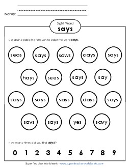 Dab or Color: Says Sight Words Individual Worksheet