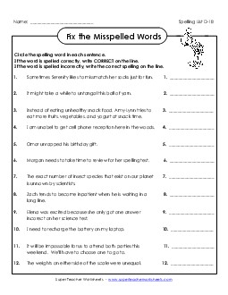 Fix the Misspelled Words (D-18) Spelling D Worksheet