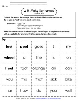 Make Sentences: Word Cards (-eel) Free Word Families Worksheet