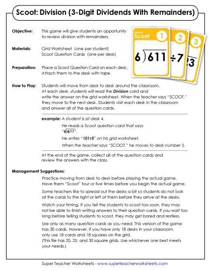 Scoot! Game: 3-Digit Dividends with Remainders Division Worksheet