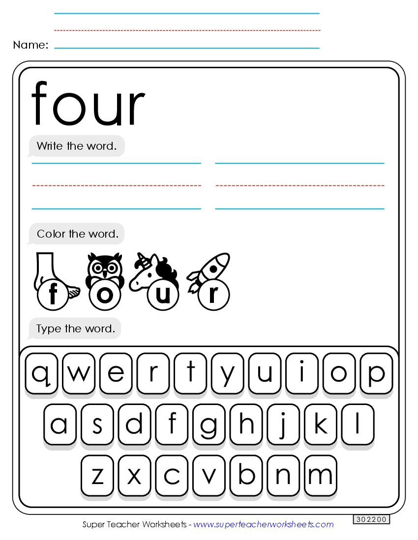 Write, Color, Type: Four Sight Words Individual Worksheet