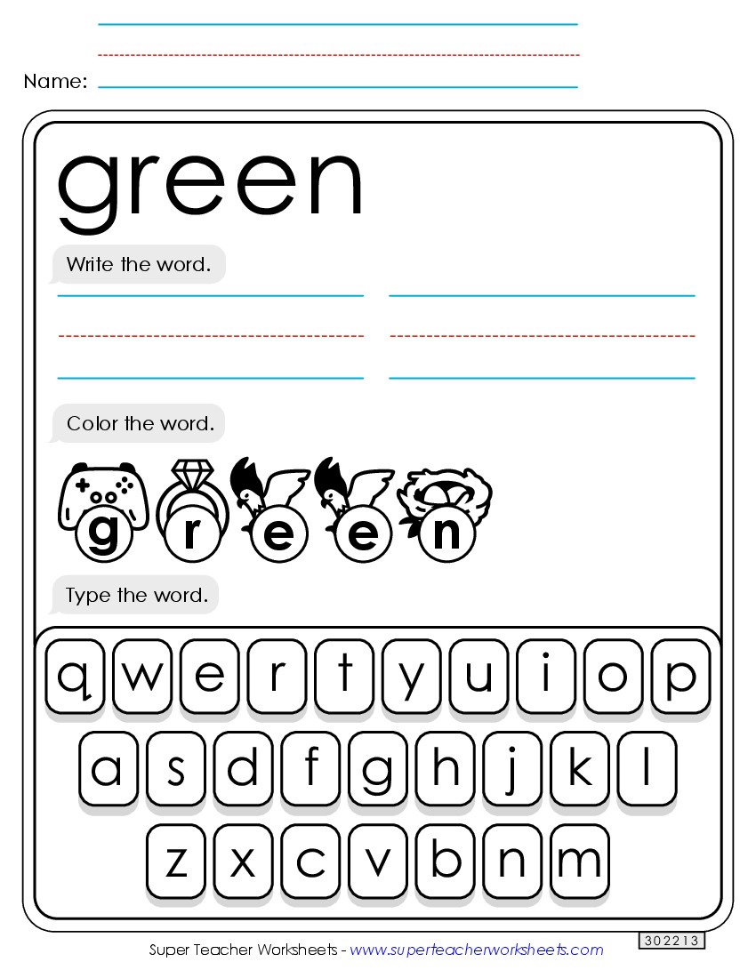 Write, Color, Type: Green Sight Words Individual Worksheet