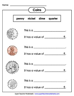 Identifying Coins: Fill in the Blanks Counting Money Worksheet