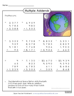 Column Addition: 4 Digits, 4 Addends Free Worksheet