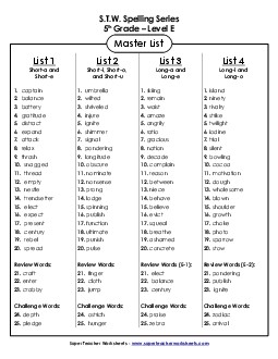 5th Grade Spelling Lists Spelling E Worksheet