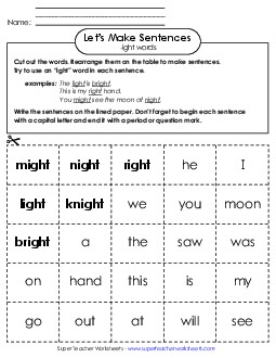 Make Sentences: Word Cards (-ight) Word Families Worksheet