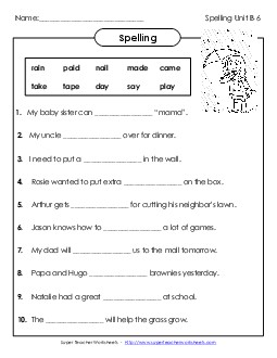 Sentences: Fill in the Blank Lines (B-6) Spelling B Worksheet