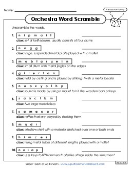 Percussion - Word Scramble Music Instrument Families Worksheet