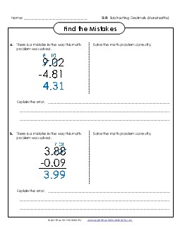 Find the Mistakes (Subtraction) Worksheet