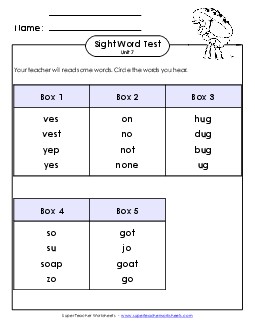 Whole Class Test (Unit 7) Sight Words Worksheet