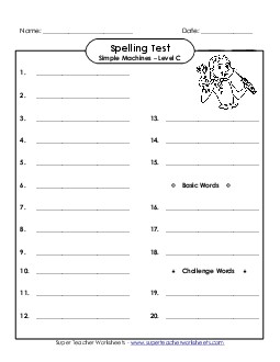 Spelling Test (C-Simple Machines Words)  Spelling C Worksheet