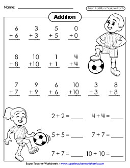 Doubles Drill Worksheet: Soccer Addition Worksheet