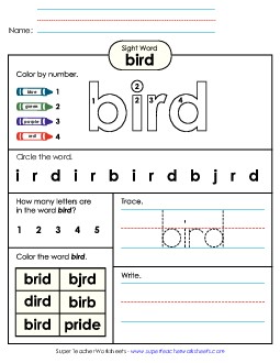 Worksheet 4: Bird Sight Words Individual Worksheet