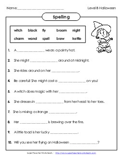 Sentence Completion (Level B: Halloween)  Spelling B Worksheet