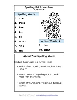 Spelling List (A-Number Words)  Spelling A Worksheet